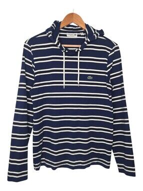 Lacoste Mens Blue Black Striped Regular Fit Long Sleeve Hoodie Size Small